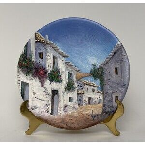 Signed Hand Painted Decorative Ceramic Plate Village Scene Textured 7.5”